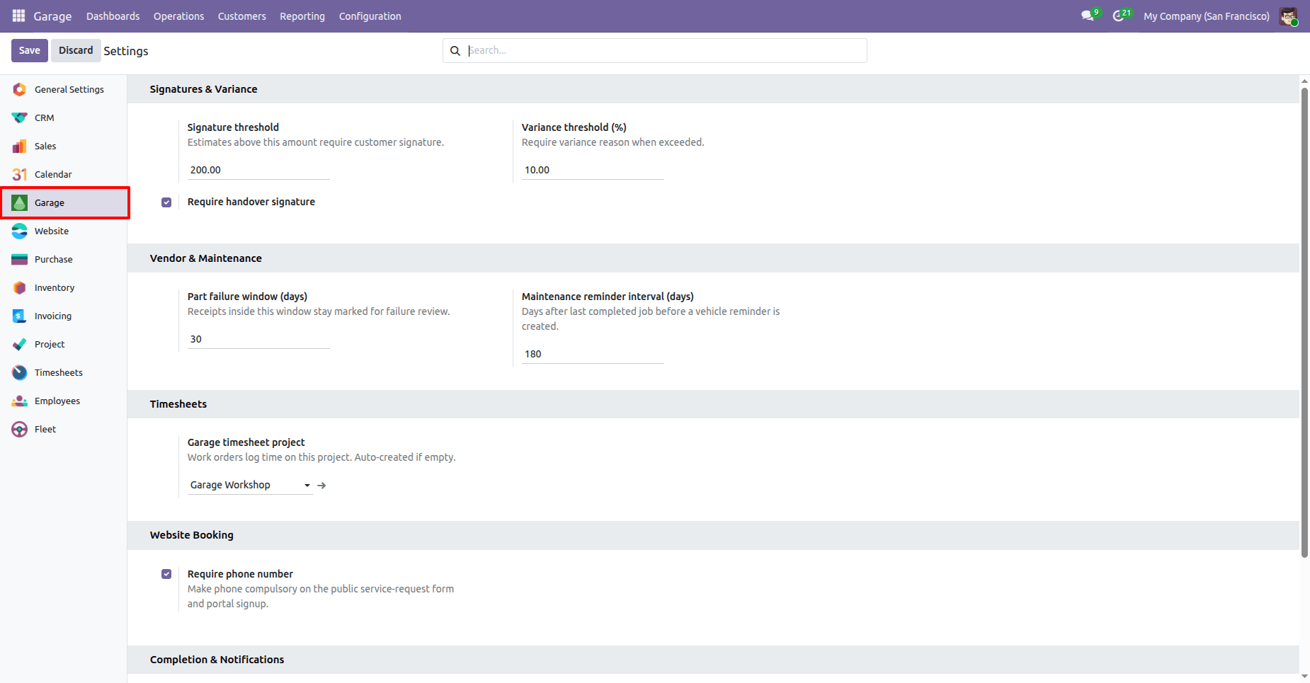 Odoo Backend Garage Management Flow